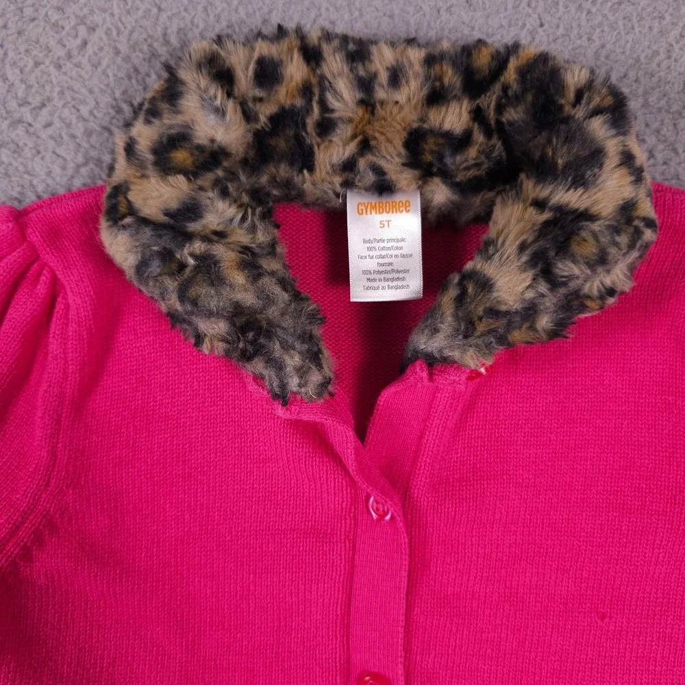 Gymboree Purrrfect in Pink Sweater Girl 5T Pink Faux Fur Leopard Collar Cardigan